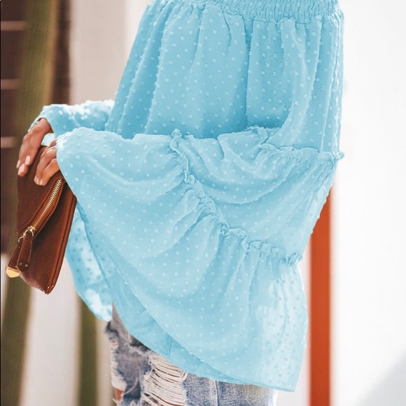 Turquoise Off-Shoulder Blouse. - Picture 3 of 7
